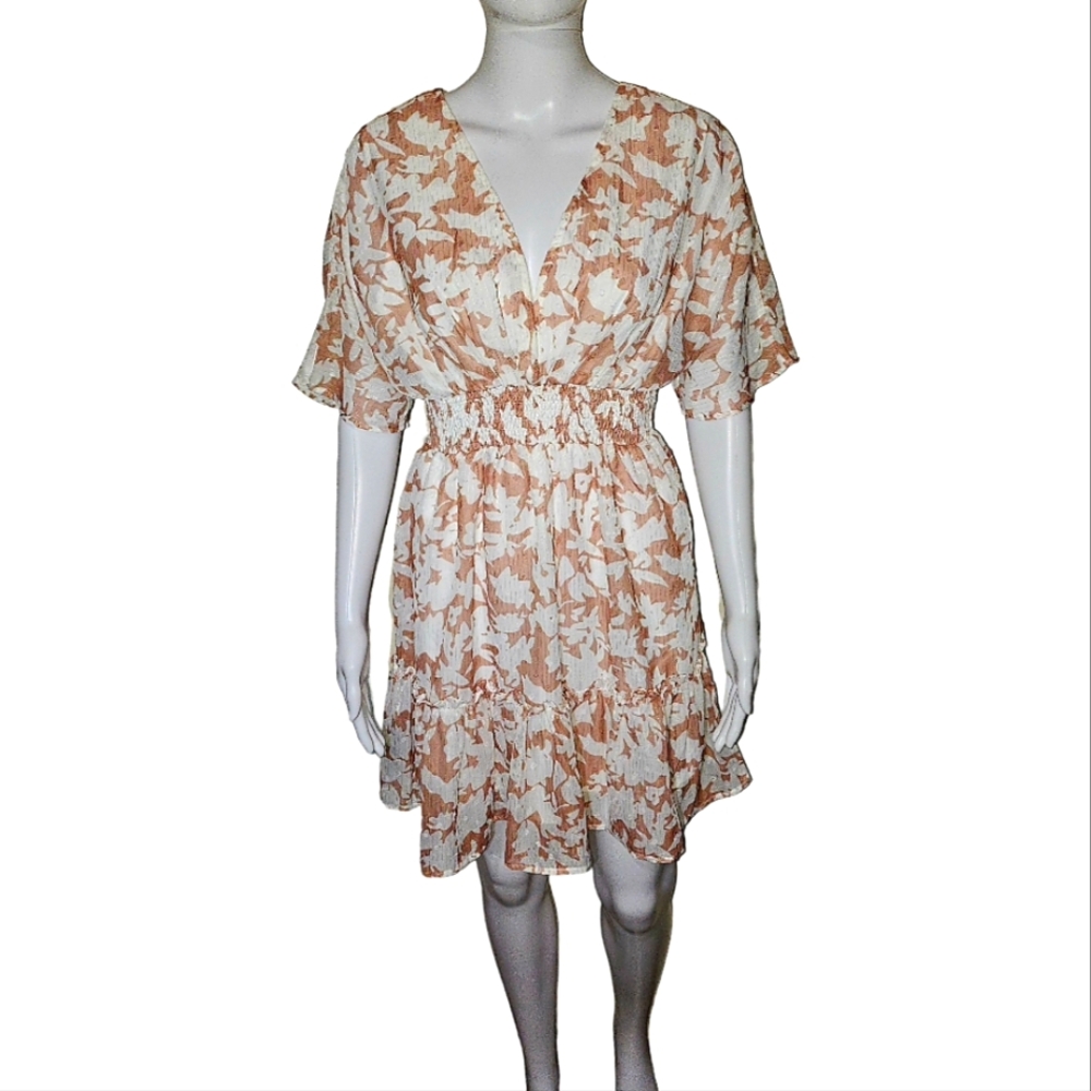 Nic & Lou Tan White Floral Print High Waist Laced back Mini Dress Size Medium